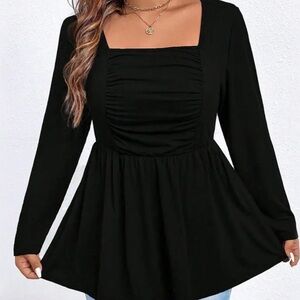 Black Ruched Babydoll Top | Long Sleeve Flowy Blouse